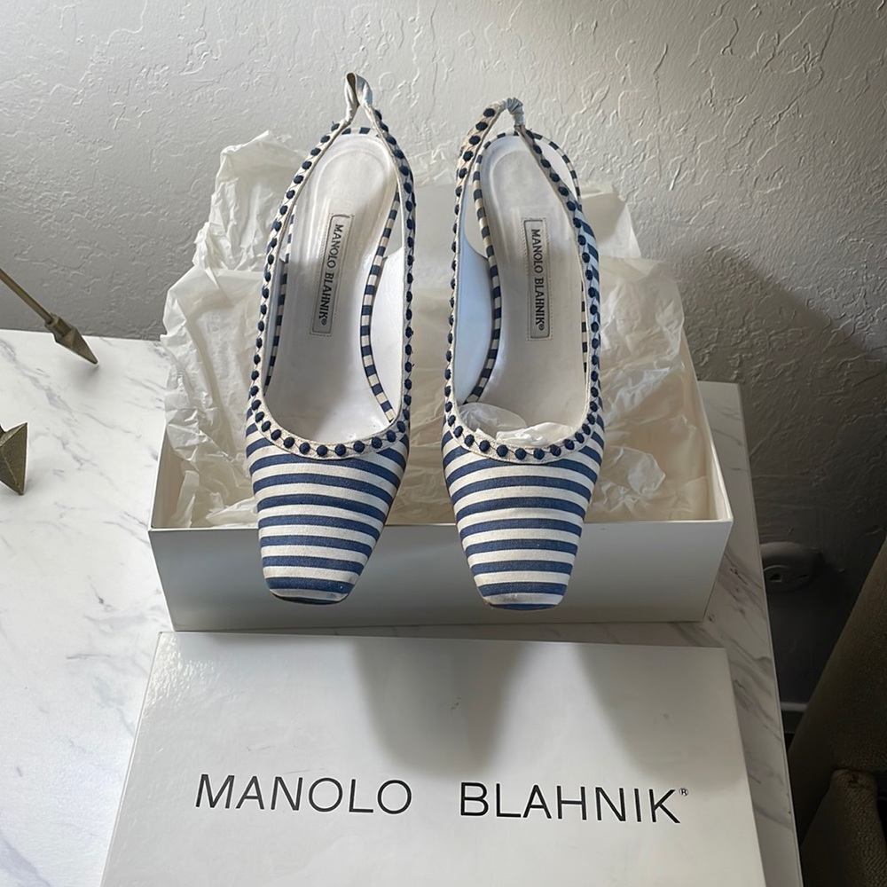 Manolo Blanik Blue and White Striped Slingback Heels
